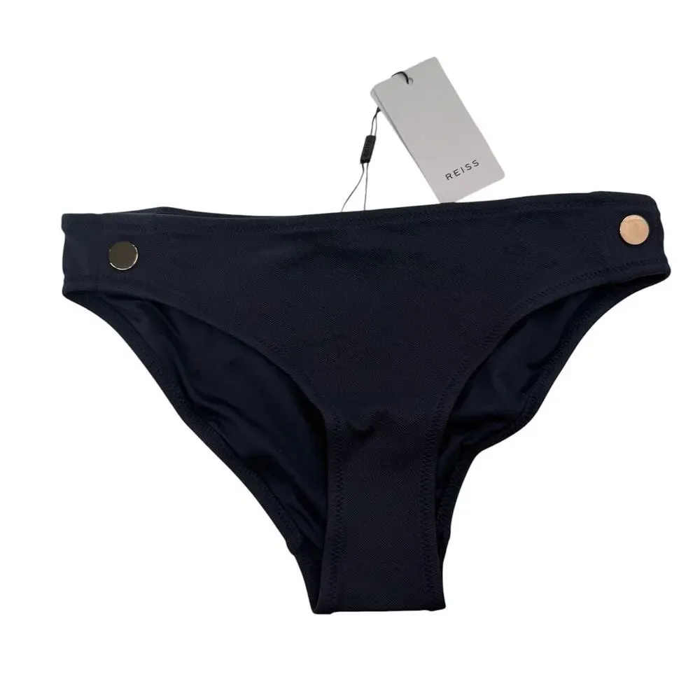 REISS Bathing Suit Set Size 4 NEW Navy Blue Bikini Halter Button Bottom Bailey